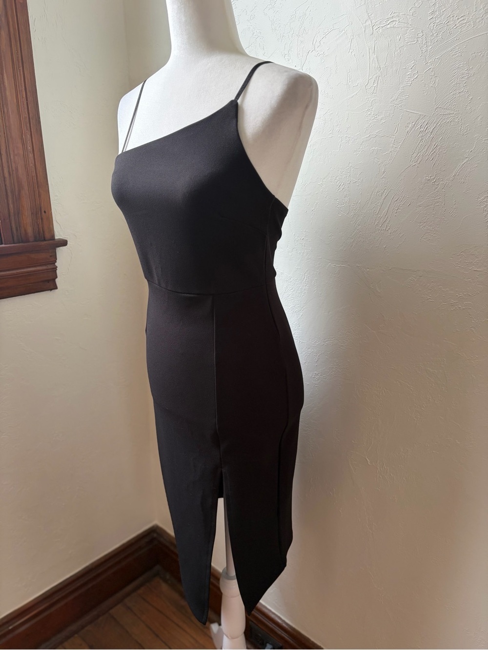 Just Quella Black Asymmetrical Midi Dress Side Slit Size 4-6 - Picture 4 of 8